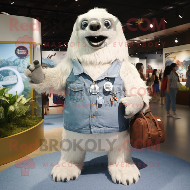 White Giant Sloth mascot costume character dressed with a Denim Shorts and Coin purses