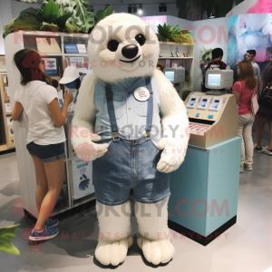 White Giant Sloth mascot costume character dressed with a Denim Shorts and Coin purses