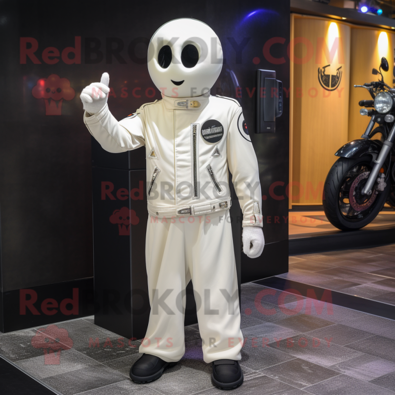 Cream Ghost mascot costume character dressed with a Moto Jacket and Earrings Cream Ghost mascot costume character dressed with a Moto Jacket and Earrings