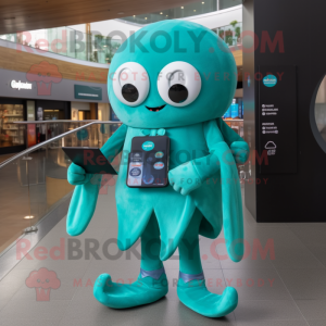 Teal Octopus mascot costume character dressed with a A-Line Skirt and Smartwatches