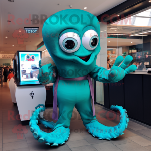 Teal Octopus mascot costume character dressed with a A-Line Skirt and Smartwatches