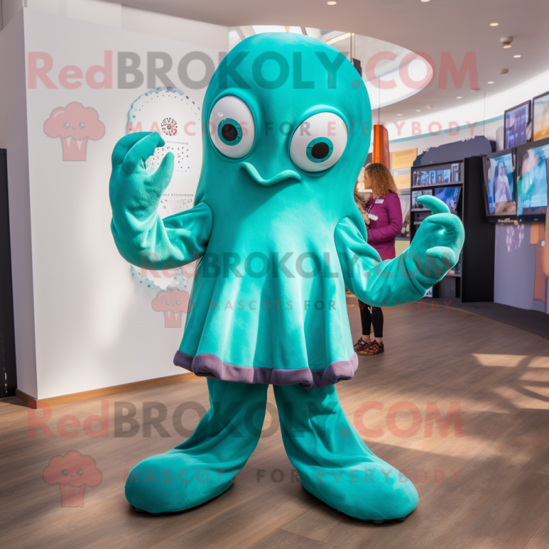 Teal Octopus mascot costume character dressed with a A-Line Skirt and Smartwatches