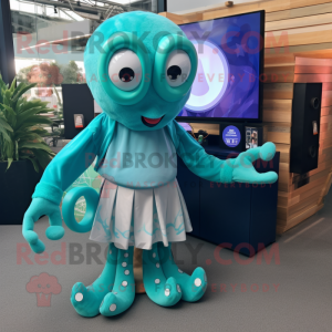 Teal Octopus mascot costume character dressed with a A-Line Skirt and Smartwatches