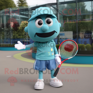 Teal Tennis Racket mascot costume character dressed with a Trousers and Berets