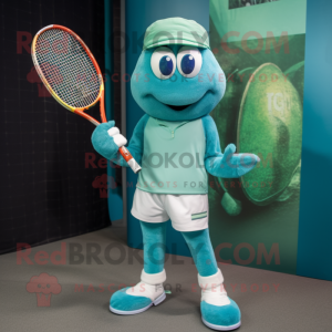 Teal Tennis Racket mascot costume character dressed with a Trousers and Berets