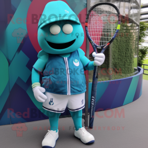 Teal Tennis Racket mascot costume character dressed with a Trousers and Berets