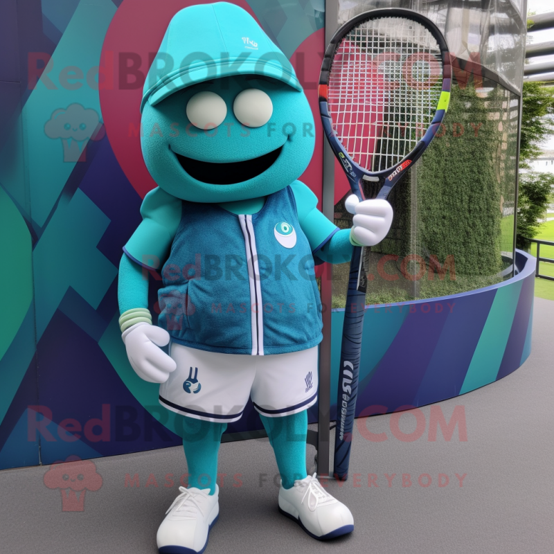 Teal Tennis Racket mascot costume character dressed with a Trousers and Berets Teal Tennis Racket mascot costume character dressed with a Trousers and Berets