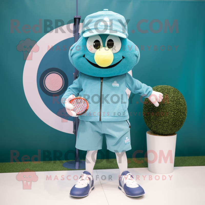Teal Tennis Racket mascot costume character dressed with a Trousers and Berets Teal Tennis Racket mascot costume character dressed with a Trousers and Berets