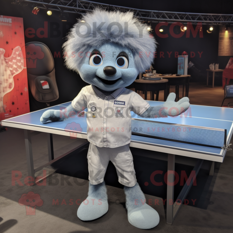 Silver Ping Pong Table mascot costume character dressed with a Denim Shirt and Lapel pins