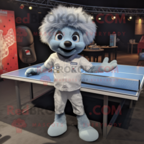 Silver Ping Pong Table mascot costume character dressed with a Denim Shirt and Lapel pins