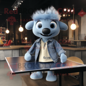 Silver Ping Pong Table mascot costume character dressed with a Denim Shirt and Lapel pins