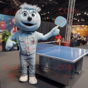 Silver Ping Pong Table mascot costume character dressed with a Denim Shirt and Lapel pins