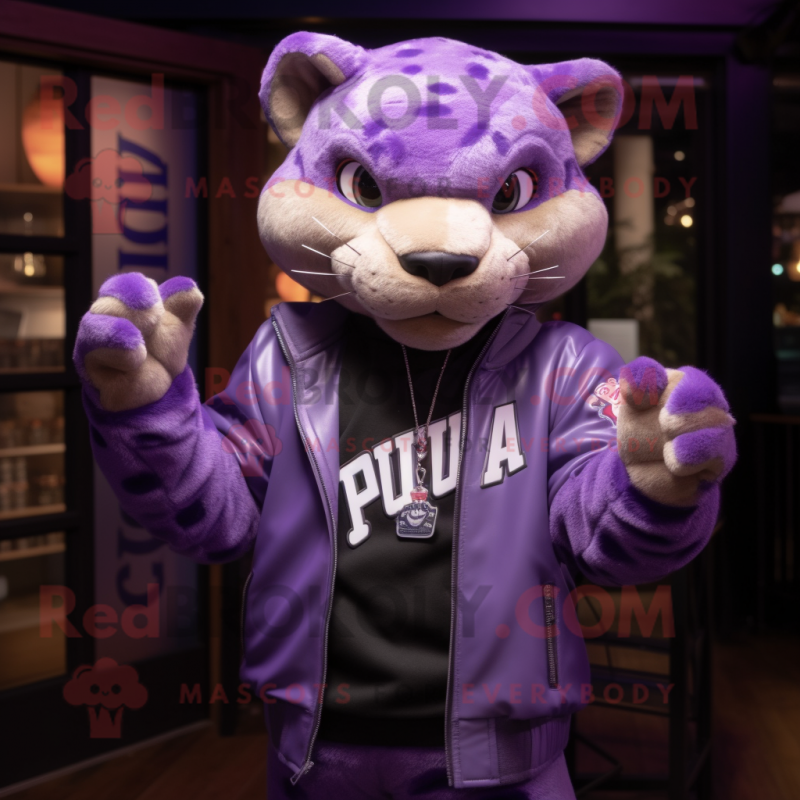 Lavender Puma mascot costume character dressed with a Leather Jacket and Necklaces Lavender Puma mascot costume character dressed with a Leather Jacket and Necklaces