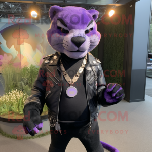 Lavender Puma mascot costume character dressed with a Leather Jacket and Necklaces