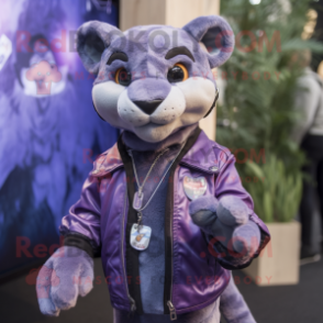 Lavender Puma mascot costume character dressed with a Leather Jacket and Necklaces