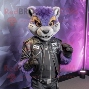 Lavender Puma mascot costume character dressed with a Leather Jacket and Necklaces