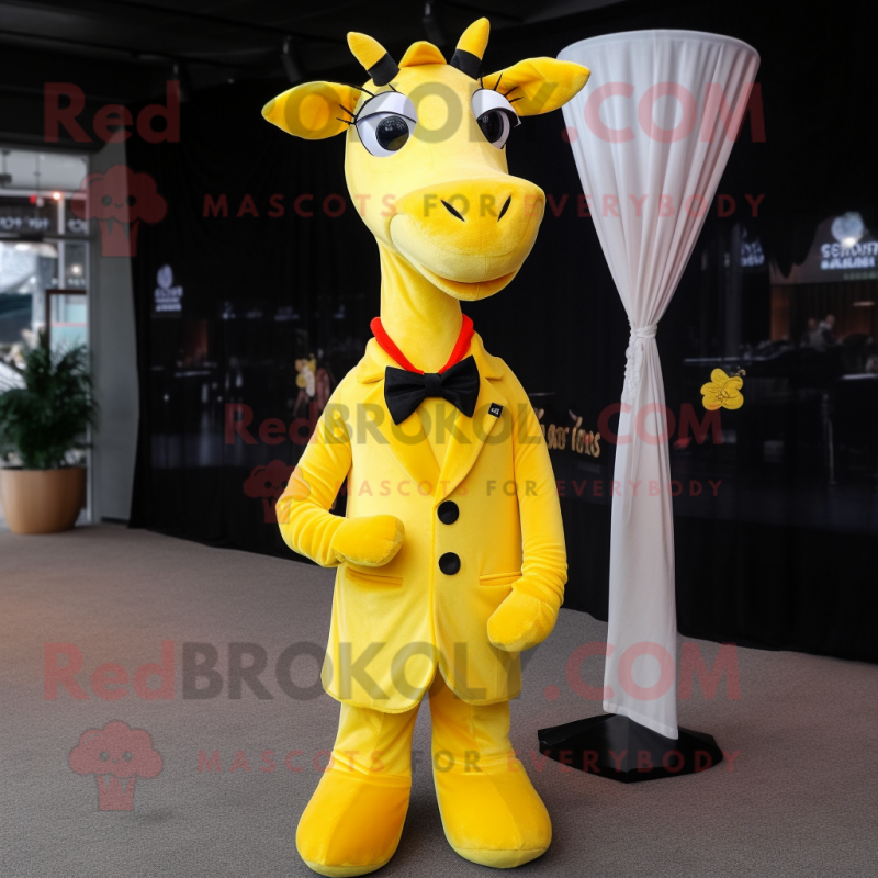 Lemon Yellow Giraffe mascot costume character dressed with a Evening Gown and Pocket squares