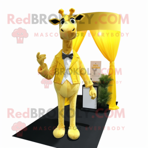 Lemon Yellow Giraffe mascot costume character dressed with a Evening Gown and Pocket squares
