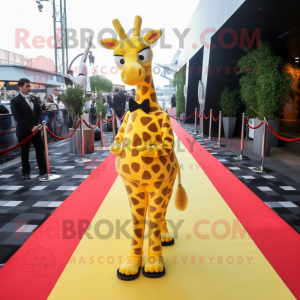 Lemon Yellow Giraffe mascot costume character dressed with a Evening Gown and Pocket squares