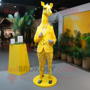 Lemon Yellow Giraffe mascot costume character dressed with a Evening Gown and Pocket squares