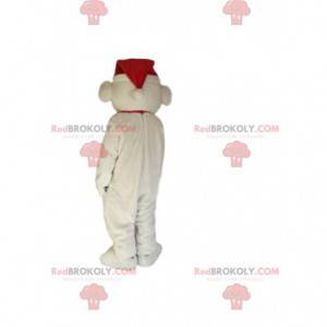 Maskot ledního medvěda s červeným vánočním kloboukem a šátkem -