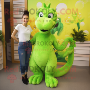 Lime Green Sea Horse mascot costume character dressed with a Mom Jeans and Earrings