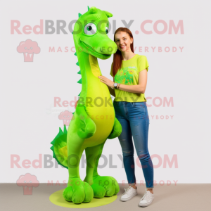 Lime Green Sea Horse mascot costume character dressed with a Mom Jeans and Earrings