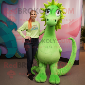 Lime Green Sea Horse mascot costume character dressed with a Mom Jeans and Earrings
