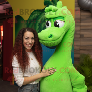 Lime Green Sea Horse mascot costume character dressed with a Mom Jeans and Earrings