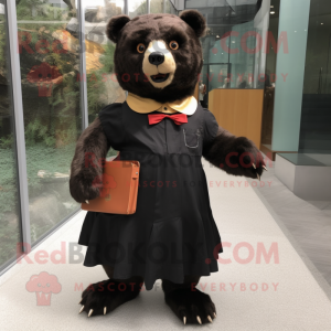 Rust Spectacled Bear mascot costume character dressed with a A-Line Skirt and Shoe clips