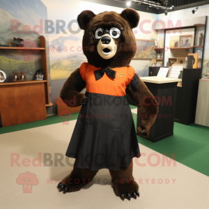 Rust Spectacled Bear mascot costume character dressed with a A-Line Skirt and Shoe clips