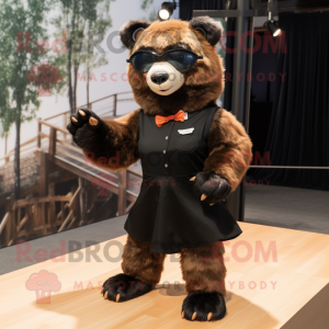 Rust Spectacled Bear mascot costume character dressed with a A-Line Skirt and Shoe clips