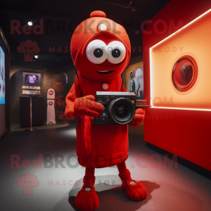 Red Camera mascot costume character dressed with a Cover-up and Anklets