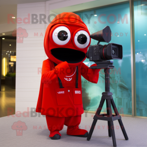 Red Camera mascot costume character dressed with a Cover-up and Anklets