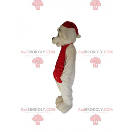 Maskot ledního medvěda s červeným vánočním kloboukem a šátkem -