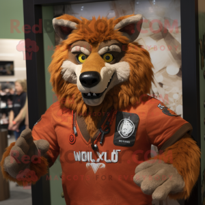 Rust Wolf mascot costume character dressed with a Rash Guard and Rings
