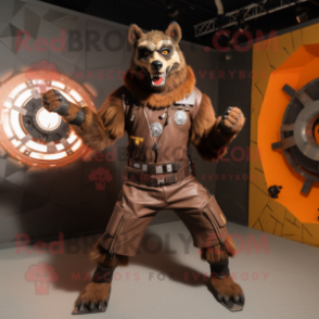 Rust Wolf mascot costume character dressed with a Rash Guard and Rings