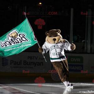 Mascot oso castor marrón con una camiseta deportiva blanca -