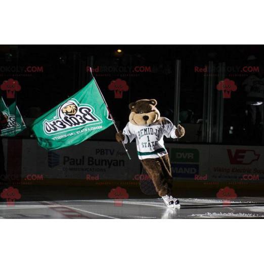 Mascotte d'ours marron de castor avec un maillot de sport blanc