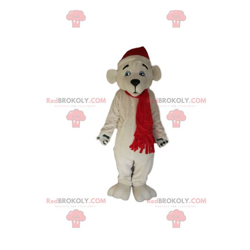 Isbjörnmaskot med sin röda julhatt och halsduk - Redbrokoly.com