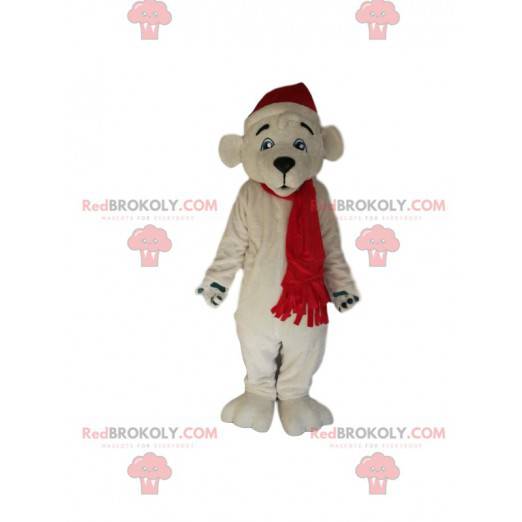 Polar bear mascot with his red Christmas hat and scarf -