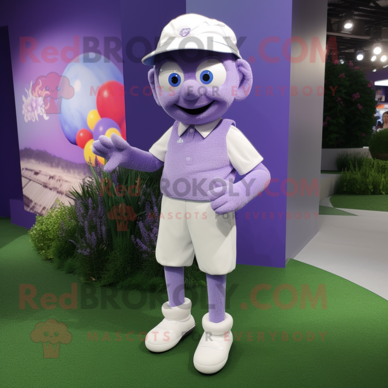 Lavender Golf Ball mascot costume character dressed with a Dungarees and Anklets Lavender Golf Ball mascot costume character dressed with a Dungarees and Anklets
