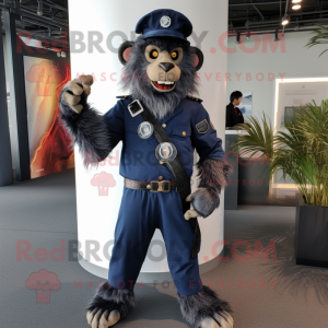 Navy Baboon mascot costume character dressed with a Flare Jeans and Bracelets