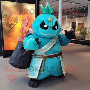Turquoise Samurai mascot costume character dressed with a Ball Gown and Tote bags
