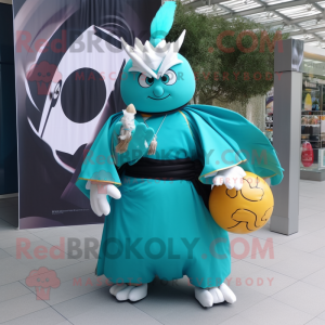 Turquoise Samurai mascot costume character dressed with a Ball Gown and Tote bags