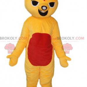 Mascotte de créature amusante jaune et rouge. Costume de