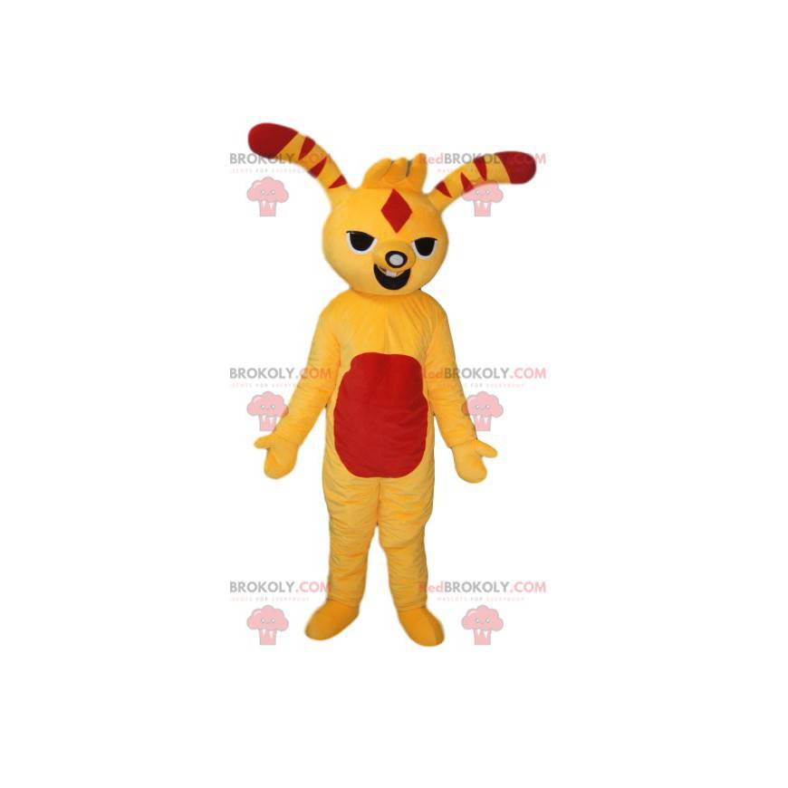 Geel en rood grappig schepsel mascotte. Creature kostuum -