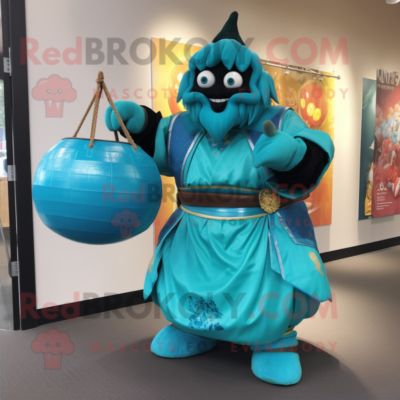 Turquoise Samurai mascot costume character dressed with a Ball Gown and Tote bags