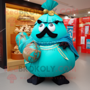 Turquoise Samurai mascot costume character dressed with a Ball Gown and Tote bags
