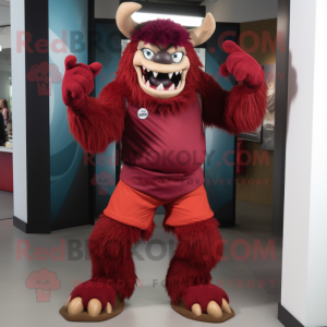 Maroon Demon mascot costume character dressed with a Bermuda Shorts and Suspenders